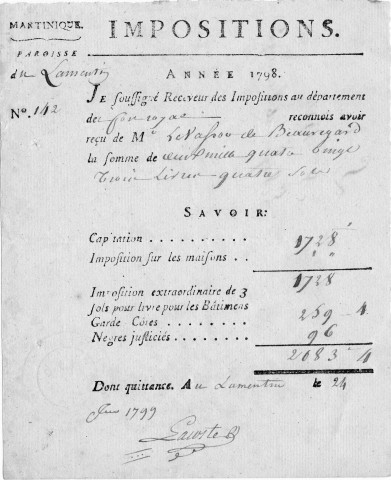 Paiement de la capitation, de l'impôt sur les maisons, les bâtiments garde-côtes, les nègres justifiés : reçus délivrés à M. Levassor de Beauregard