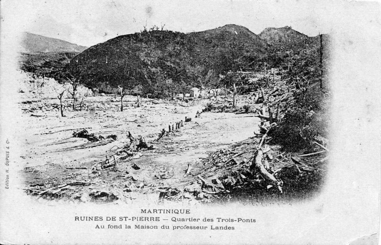 Martinique. Ruines de Saint-Pierre. Quartier des Trois Ponts. Au fond la maison du professeur Landes