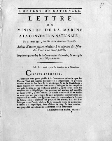 Ralliement de la Martinique à la République : lettres du ministre de la marine Monge au commandant Lacrosse