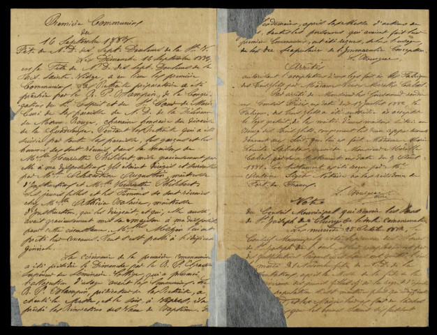 Arrêté relatif à l'acceptation d'un don par le conseil de fabrique en 1883, vote du 25 octobre 1880 du conseil municipal qui renvoie les soeurs de Saint Joseph de Cluny de l'école et les remplace par des institutrices laïques, liste des dons en faveur du conseil de fabrique de 1724 à 1883, compte rendu relatif à la 1ère communion du 16/09/1883 : extrait de registre (2 feuillets)