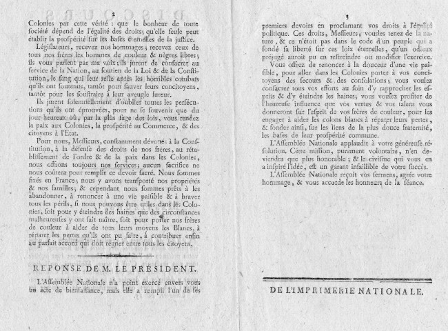 Egalité politique : discours prononcé par les hommes de couleur à la barre de l'Assemblée nationale et réponse du président