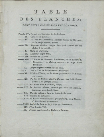 Voyage à Surinam et dans l'intérieur de la Guiane : contenant la relation de cinq années de courses et d’observations faites dans cette contrée intéressante et peu connues, avec des détails sur les Indiens de la Guiane et les Nègres ; suivi du tableau de la Colonie française de Cayenne