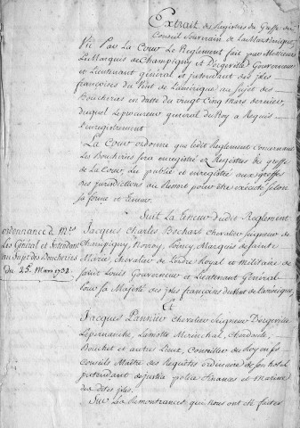 Ordonnance de Jacques Charles Bochard, gouverneur et lieutenant général des isles françaises du vent de l'Amérique et de Jacques Pannier, chevalier seigneur Dorgeville (...), intendant de justice, police, finances et marine des dites îles, au sujet des boucheries