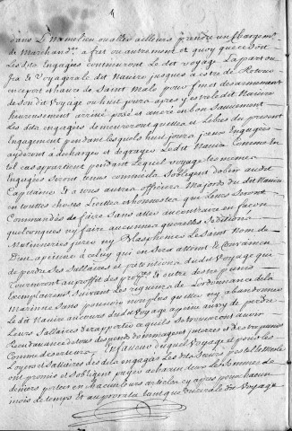 Acte d'engagement de l'équipage du vaisseau Le sage Salomon rédigé à Saint-Malo. Armateur : Jean Pestel, corsaire du roy. Capitaine : Jean Baudry