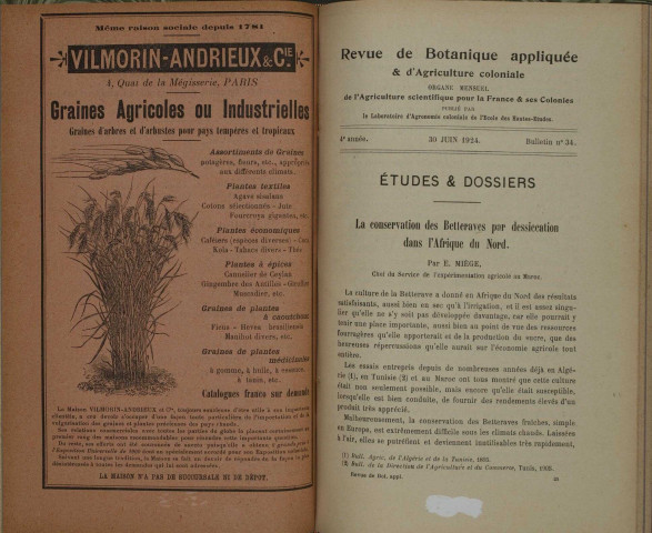 Revue de botanique appliquée et d'agriculture coloniale (n° 34)