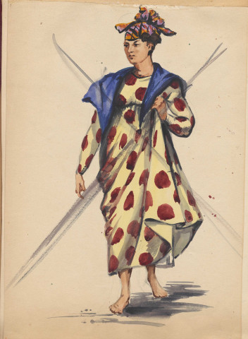 Femme portant une gaule et coiffée d'une tête calendée