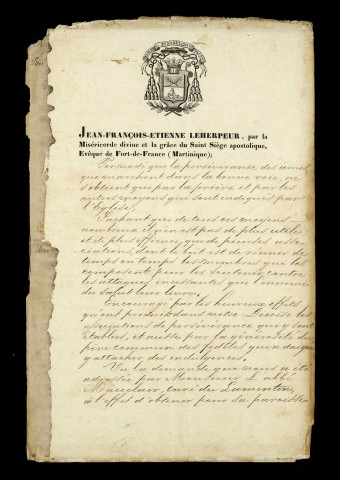 Associations de la persévérance. Erection de deux associations par Mgr Leherpeur (1854) : ordonnance, transfert de la fête patronale des associations de la fête de la Visitation à la fête de la Nativité lettre de l’administrateur du diocèse Prudent Guesdon (1863)