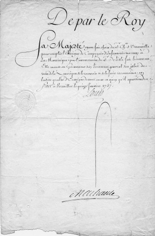 Lettre de créance du Sr Chevalier d'Ornonville auprès du gouverneur, lieutenant général des îles du vent à la Martinique