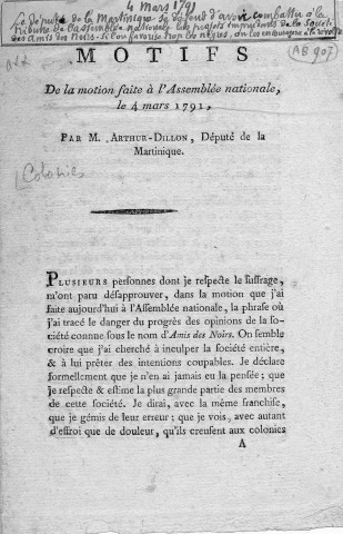 Société des amis des noirs : motifs de la motion faite à l'Assemblée nationale par M. Arthur Dillon, député de la Martinique, concernant l'action de cette société