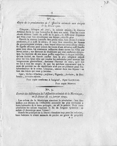 Ralliement de la Martinique à la République : lettres du ministre de la marine Monge au commandant Lacrosse