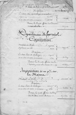 Rôle d'impôts, exercices 1763 à 1768 (capitation, impôts sur les maisons, industrie) pour Saint-Pierre, Fort-Royal, Trinité, Marin