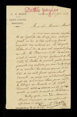 Réclamation d'annuités au président du conseil de fabrique et au curé Menut au profit de M.Simon