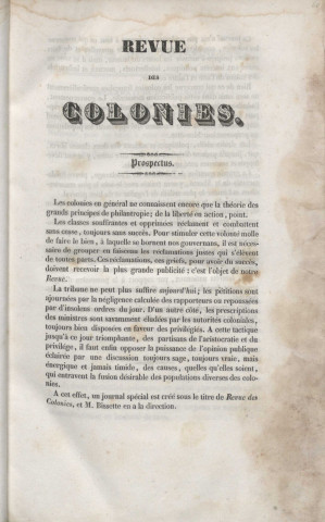 Revue des Colonies : recueil mensuel de la politique, de l’administration, de la justice, de l’instruction et des mœurs coloniales par une société d’hommes de couleur (tome I)