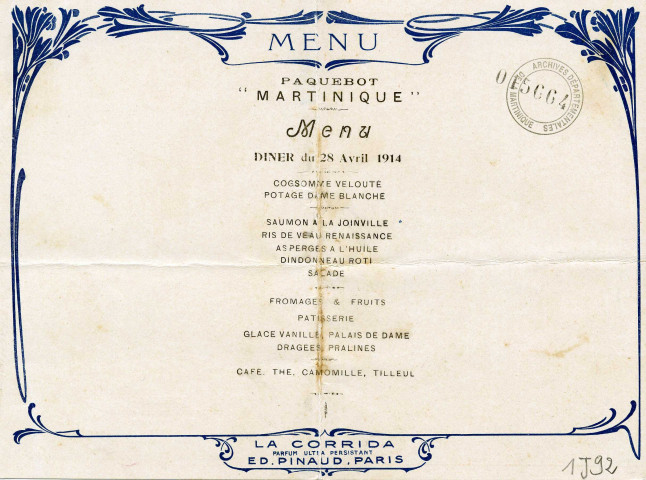 Compagnie Générale Transatlantique : carte de menu du dîner du 28 avril 1914