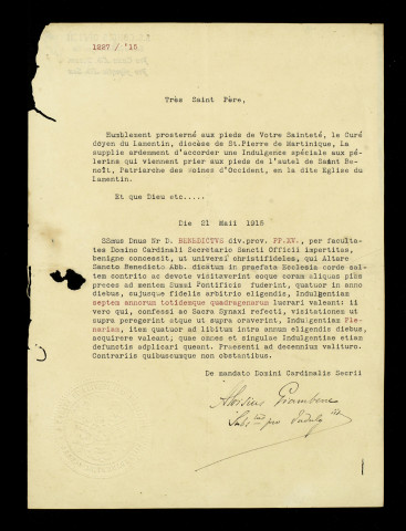 Privilèges accordés à la paroisse. - Demande d'indulgence pour les pèlerins qui prient aux pieds de l'autel de saint Benoît (1915) , privilège de la Portioncule accordé à la paroisse 12 juillet [1885]