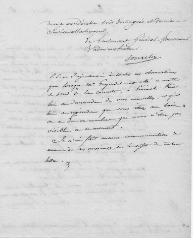 Visite du général major John Kean : lettre de Donzelot, lieutenant général gouverneur et administrateur, à Jurien, commandant de la station navale des Antilles et du golfe du Mexique