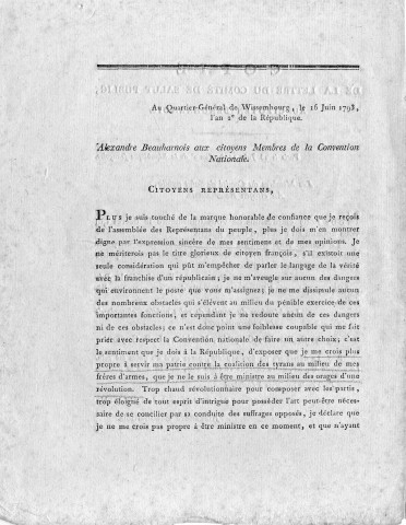 Lettre du Comité de Salut public au citoyen Beauharnois (général commandant en chef l'armée du Rhin) l'informant de sa nomination au poste de ministre de la guerre et réponse de celui-ci