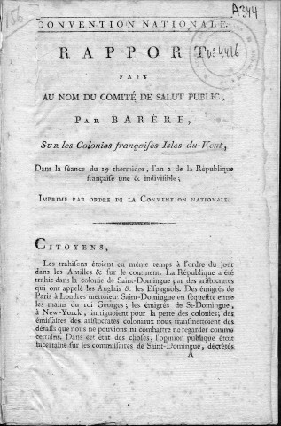 Colonies françaises Isles au vent. Rapport fait au nom du Comité de salut public, par Barère