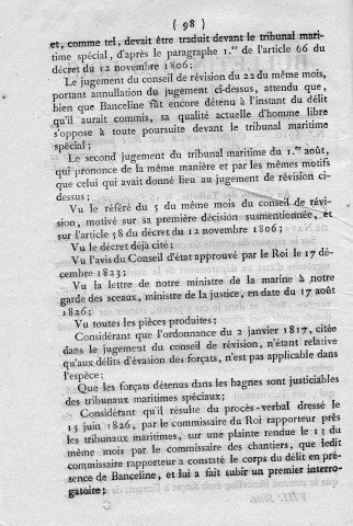 Ordonnance n° 4910 du 6 février 1827 portant que le jugement d'un forçat libéré, accusé d'un délit commis et poursuivi avant sa libération, relève du Tribunal maritime spécial, Bulletin des lois n° 142