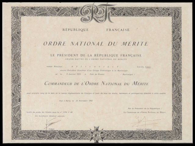 Diplôme de chevalier de l'ordre national du mérite