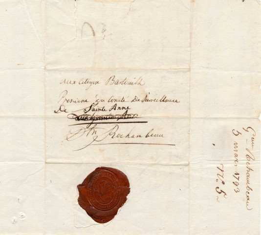 Lettre manuscrite signée Rochambeau adressée au citoyen Barthouilh, président du comité de surveillance de Sainte-Anne