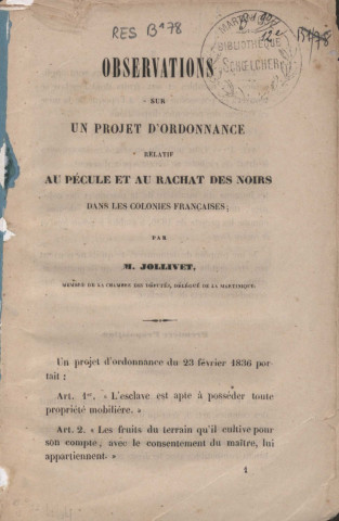 Observations sur un projet d’ordonnance relatif au pécule et au rachat des noirs dans les colonies françaises