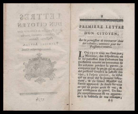 Lettres d'un citoyen sur la permission de commercer dans les Colonies, annoncée pour les puissances neutres . Première lecture
