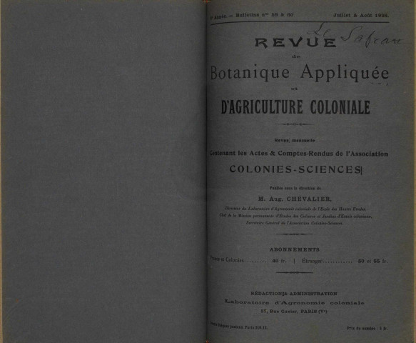 Revue de botanique appliquée et d'agriculture coloniale (n° 59-60)