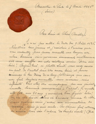 Famille de Brettes. Une lettre datée du 7 août 1886 "cher Louis et chère Amélie" adressée par Séverine à son frère, Louis de Brettes, à l'occasion de ses noces d'or