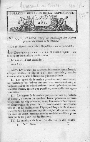 Règlement sur les armements en Course (Bulletin des lois de la République n° 281, arrêté n° 2771 du 2 prairial an 11)