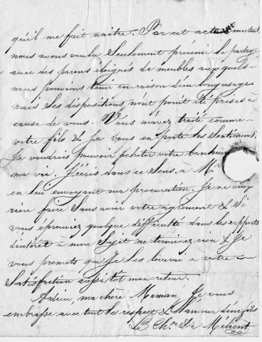 Papiers Melient : lettres du chevalier de Melient à bord de la corvette du roi «l'Echo», adressée à sa mère madame veuve Ollivier de Mareil à Nantes