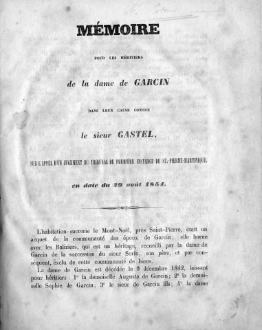 Affaire opposant les héritiers de la dame de Garcin et le sieur Gastel : mémoire de Pory-Papy, avocat-avoué