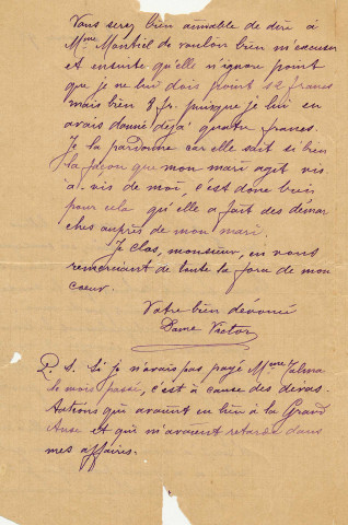 Lettre signée "Dame Victor" à monsieur (?) à propos du règlement d'une dette