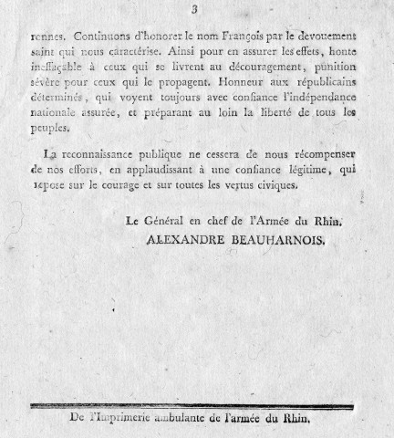Lettre d'Alexandre de Beauharnais, général en chef, à ses frères d'armes de l'armée du Rhin concernant la capitulation. Wissembourg, le 31 juillet 1793