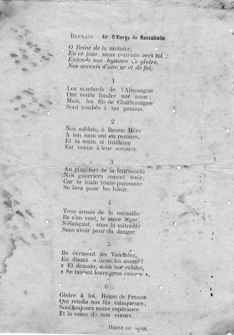 Pèlerinage du 20 janvier 1919 au Saint-Esprit : cantique en action de grâce à Notre Dame des Victoires