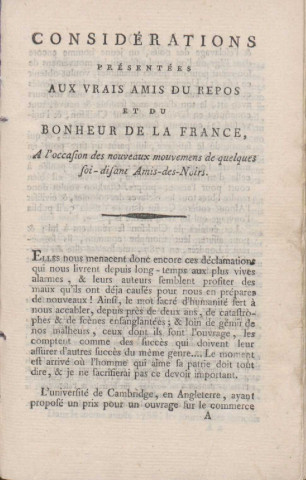 Considérations présentées aux vrais amis du repos et du bonheur de la France à l’occasion des nouveaux mouvements de quelques soi-disant Amis des Noirs