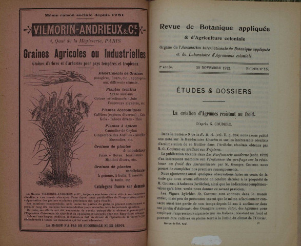 Revue de botanique appliquée et d'agriculture coloniale (n° 15)