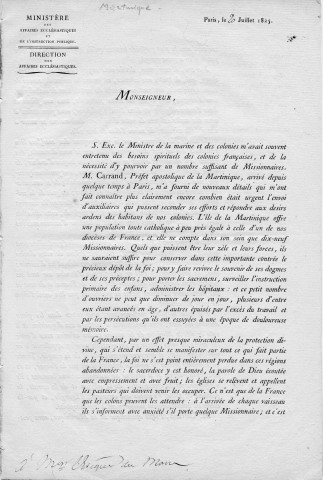 Besoins spirituels de la Martinique : circulaire du Ministère des affaires ecclésiastiques