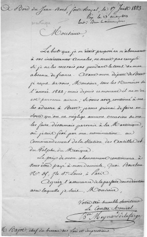 Lettre signée par le Contre Amiral Baron Meynard de la Farge, " A bord du Jean Bart le 17 juillet 1823" à M. Bajot, chef du bureau des Lois et Impressions