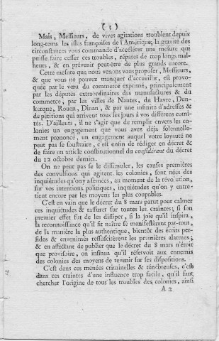Rapport sur les colonies fait par M. De Lattre, député du département de la Somme, au nom des comités de Constitution, de la Marine, de l'Agriculture et du Commerce et des Colonies, à la séance du 7 mai 1791