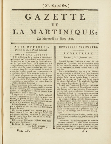 Gazette de la Martinique (1806, n° 61-62)