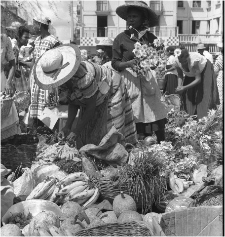 Fort-de-France, centre-ville. les marchés foyalais : le Marché aux légumes à ciel ouvert, marchandes de légumes locaux et de confiseries