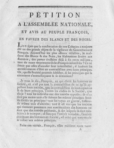 Pétition à l'Assemblée nationale, et avis au peuple françois, en faveur des blancs et des noirs