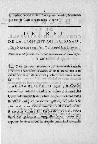Décrets de la Convention nationale des 8 et 9 novembre 1792 portant qu'il y a lieu à accusation contre plusieurs officiers commandant dans les colonies et contre l'ex-ministre La Coste