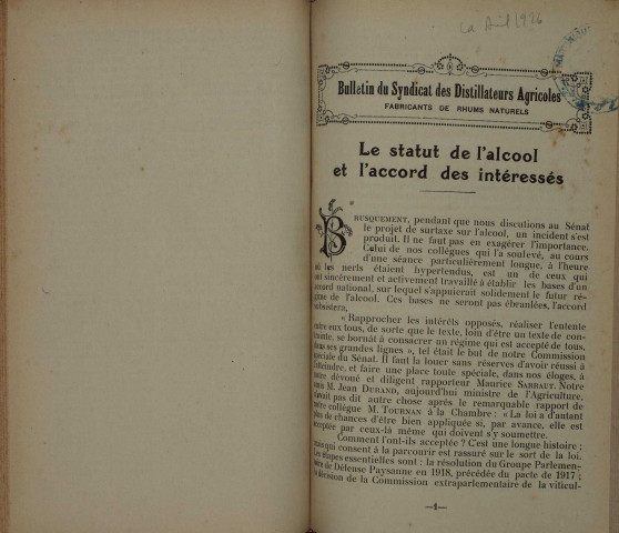 Bulletin du Syndicat des distillateurs agricoles (n° 04/1926)