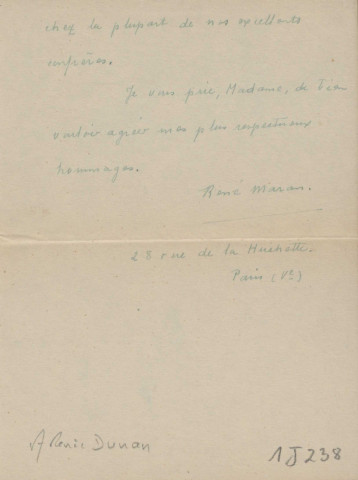 Lettre autographe de remerciements de l'écrivain René Maran adressée à Renée Dunan