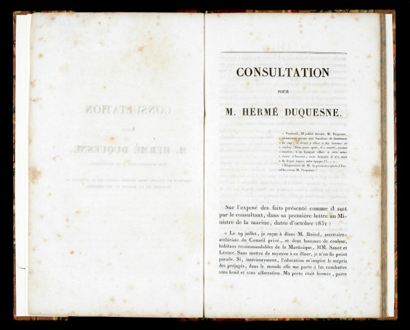 Consultation pour M. Hermé-Duquesne, juge d'instruction à la Martinique, renvoyé en France pour rendre compte de sa conduite au ministre de la marine et des colonies