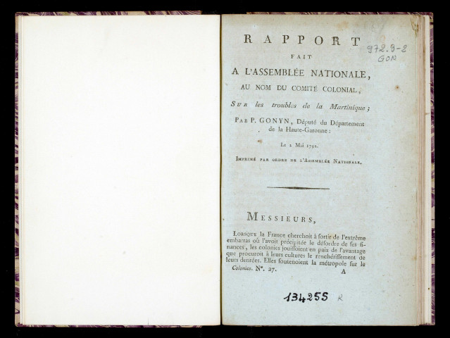 Rapport fait à l'Assemblée nationale, au nom du Comité colonial, sur les troubles de la Martinique, le 2 mai 1792