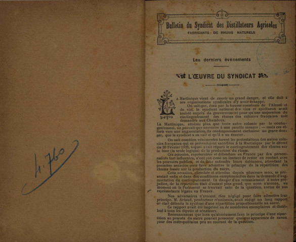 Bulletin du Syndicat des distillateurs agricoles (n° 01/1924)