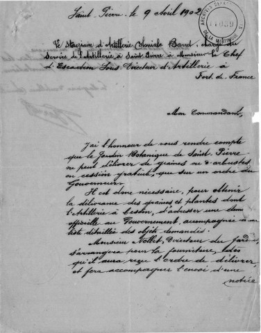 Création d'une pépinière à Fort-de-France. Cession de graines et d'arbustes du Jardin botanique de Saint-Pierre : correspondance